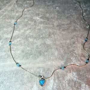 Delicate  Blue Fire Opal Heart Pendant Necklace 18"
